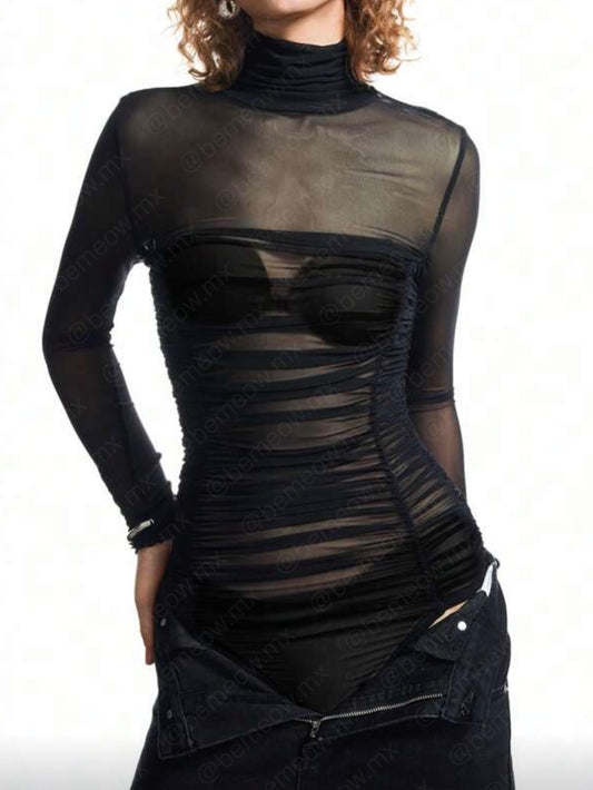 Body Mesh Ruffle Manga Larga