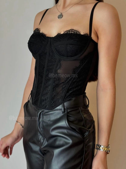 Bustier Largo Encaje Negro - Be Meow - Bustier Corset