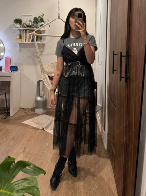 Vestido Largo Mesh Polka Dots